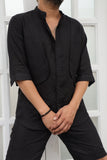 Solid Black (Pure Linen Kurta Style Shirt) - AddysForMen®️