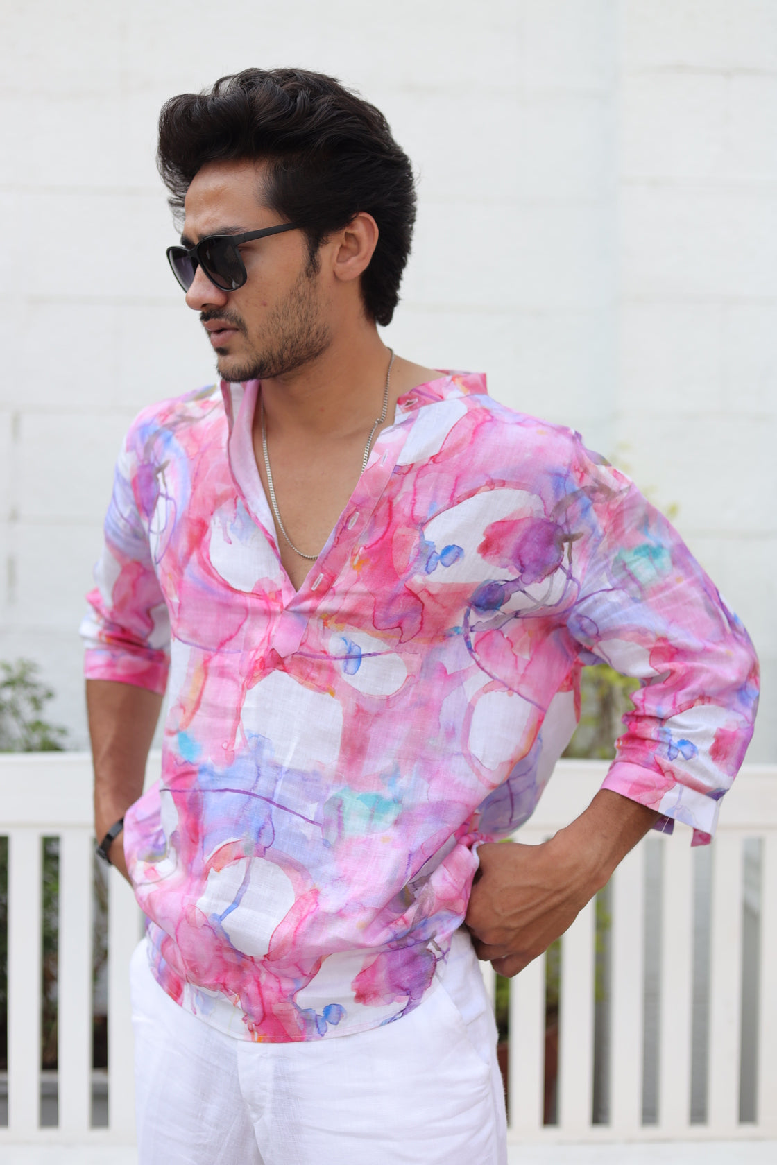 Artsy Pink (Pure Linen Kurta Style Shirt) - AddysForMen®️