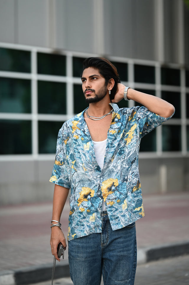 Ocean Flower (Pure Tencel Satin Cuban Coller Shirt) - AddysForMen®️