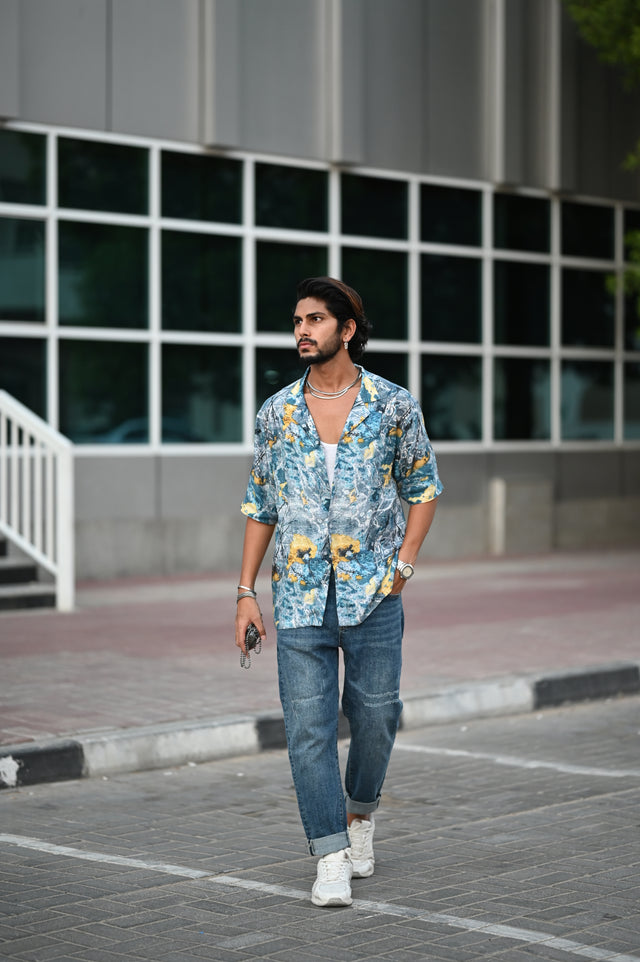 Ocean Flower (Pure Tencel Satin Cuban Coller Shirt) - AddysForMen®️