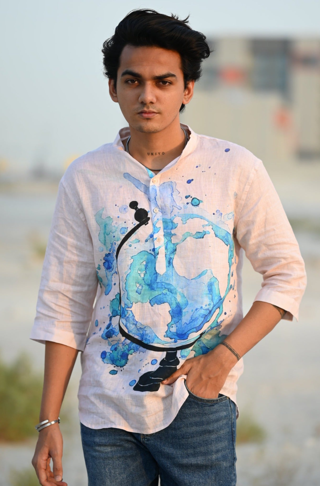 Aqua Celestial (Pure Linen Kurta Style Shirt) - AddysForMen®️