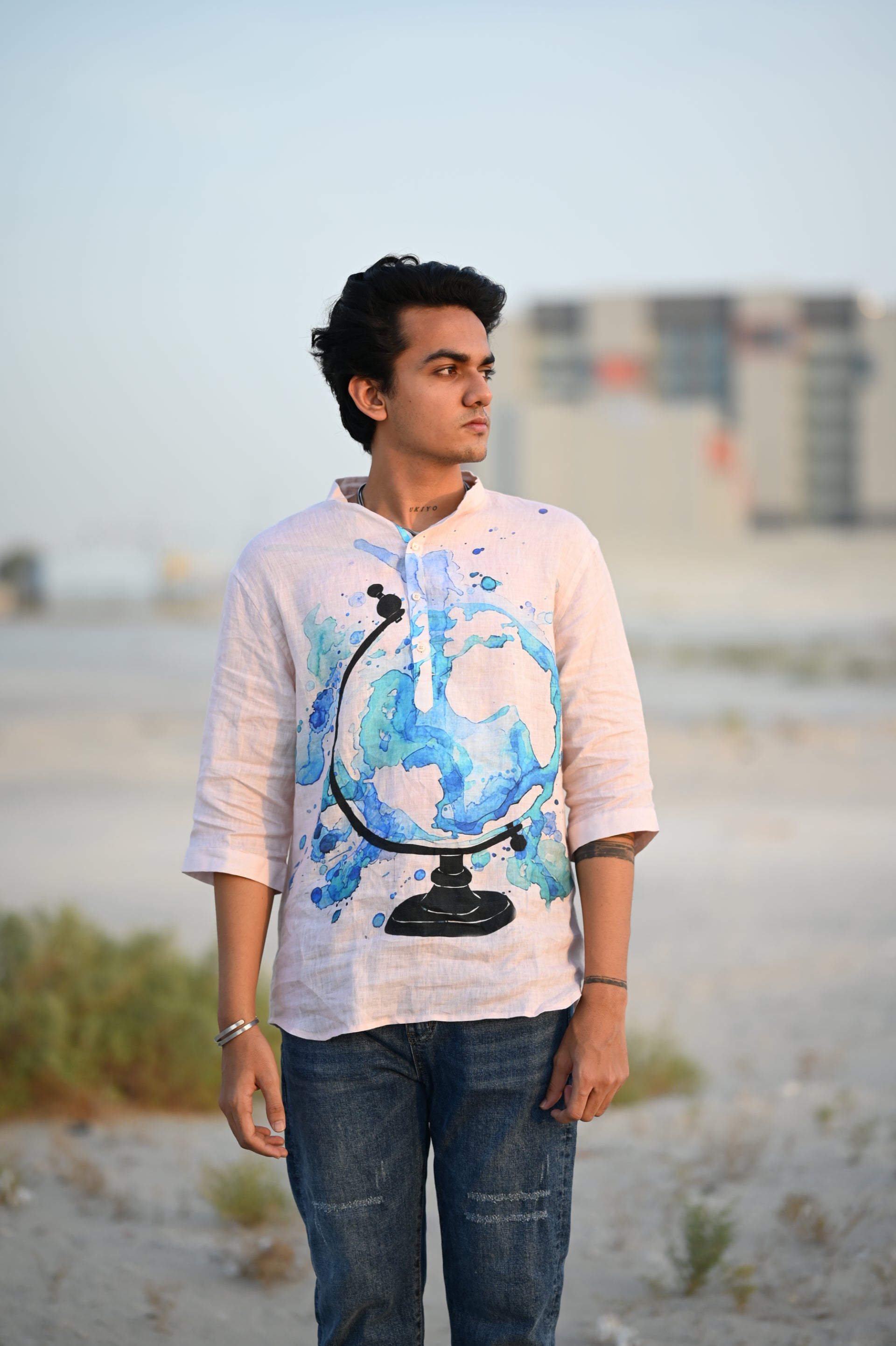 Aqua Celestial (Pure Linen Kurta Style Shirt) - AddysForMen®️