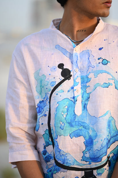 Aqua Celestial (Pure Linen Kurta Style Shirt) - AddysForMen®️