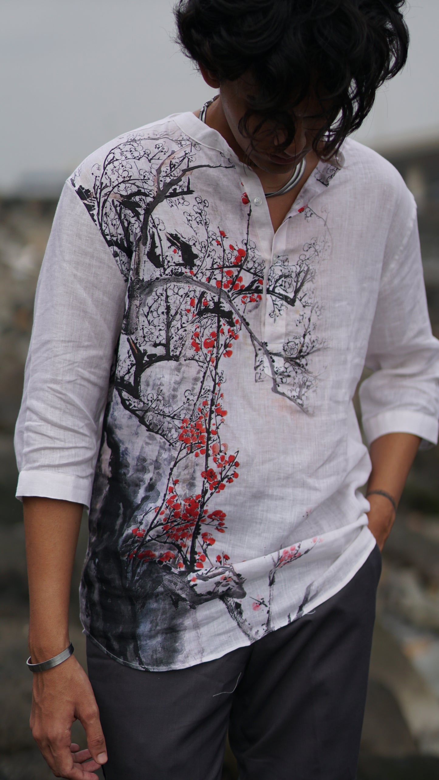 Autumn aura (Pure Linen Kurta Style Shirt) - AddysForMen®️