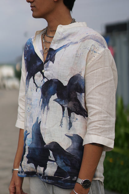 Feathered Raptor (Pure Linen Kurta Style Shirt) - AddysForMen®️