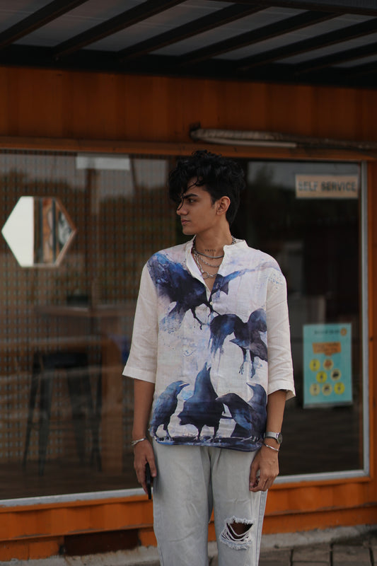 Feathered Raptor (Pure Linen Kurta Style Shirt) - AddysForMen®️