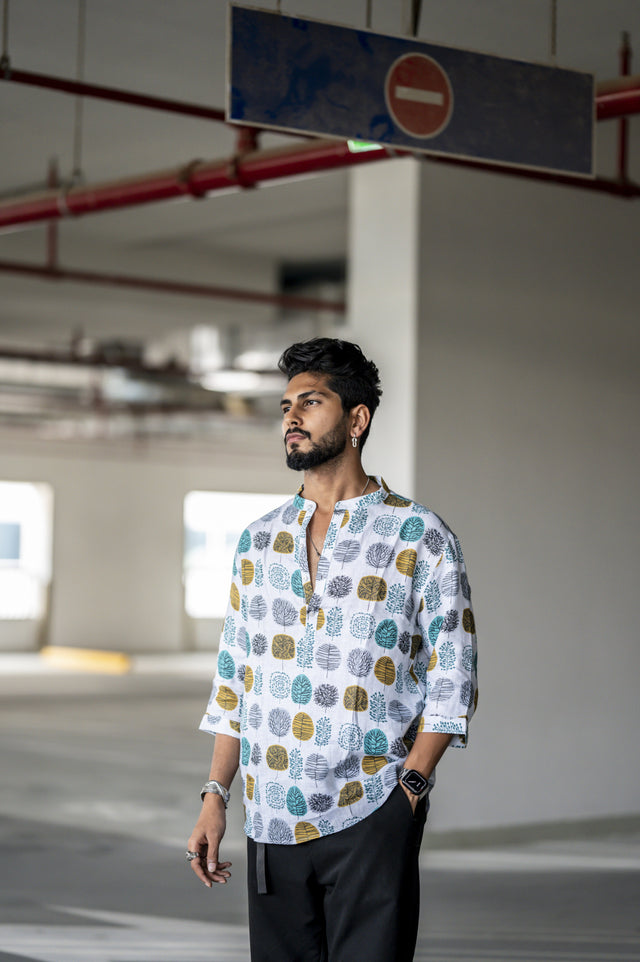 Polka Usurp (Pure Linen Kurta Style Shirt) - AddysForMen®️