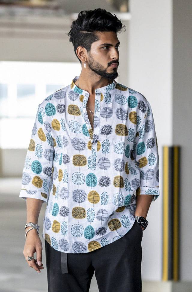Polka Usurp (Pure Linen Kurta Style Shirt) - AddysForMen®️
