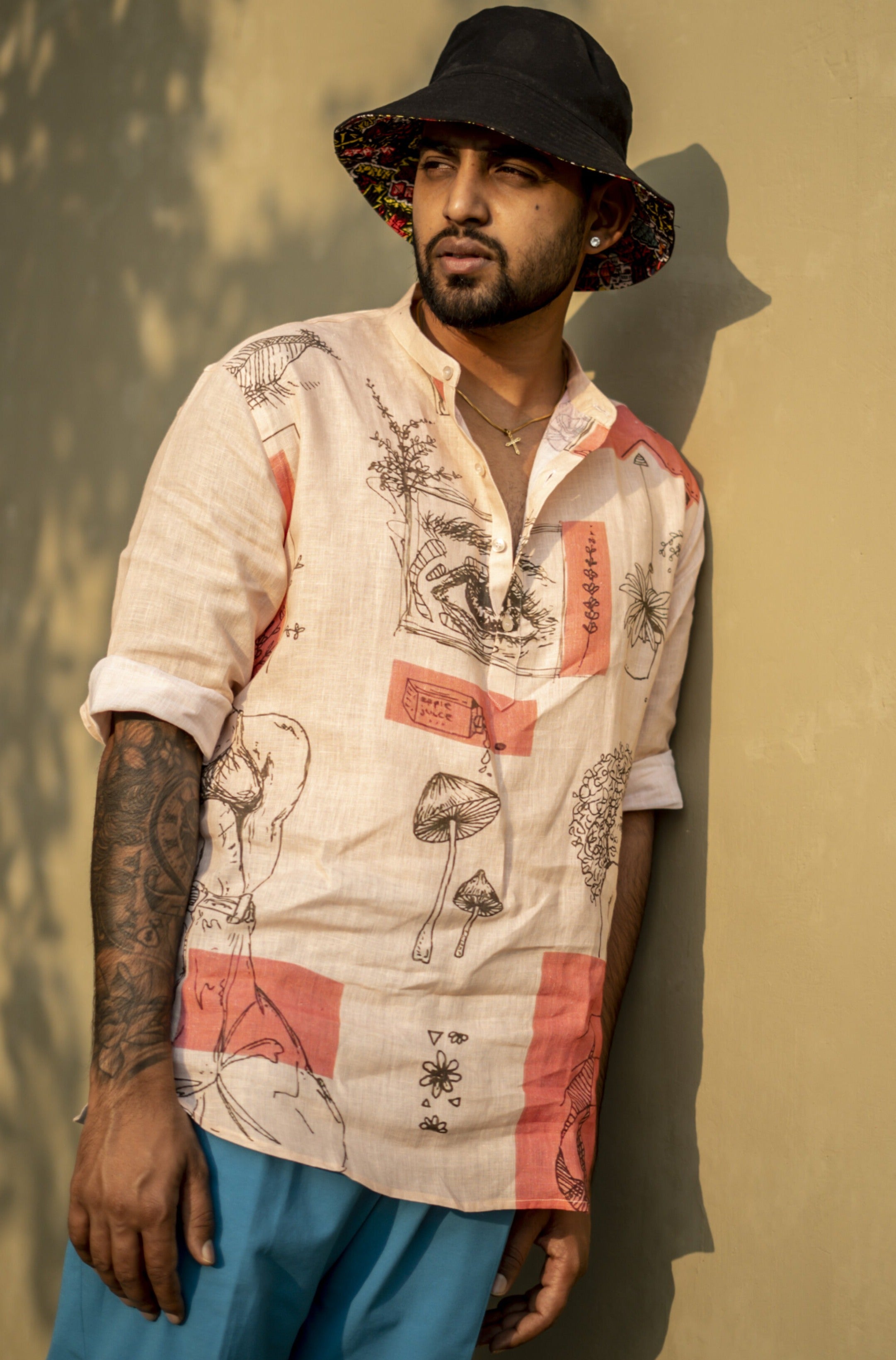 Lucid Shrooms (Pure Linen Kurta Style Shirt) - AddysForMen®️