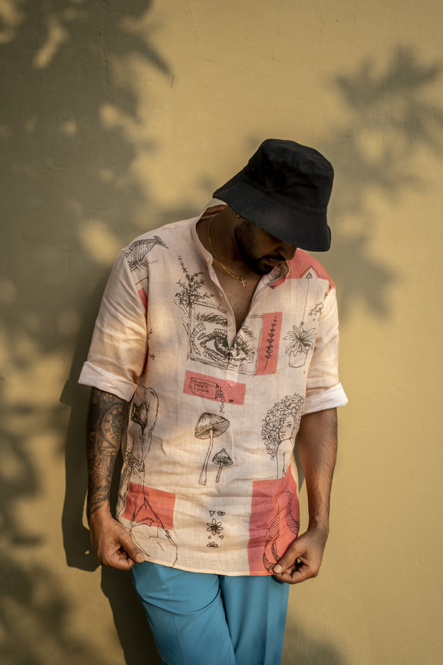 Lucid Shrooms (Pure Linen Kurta Style Shirt) - AddysForMen®️