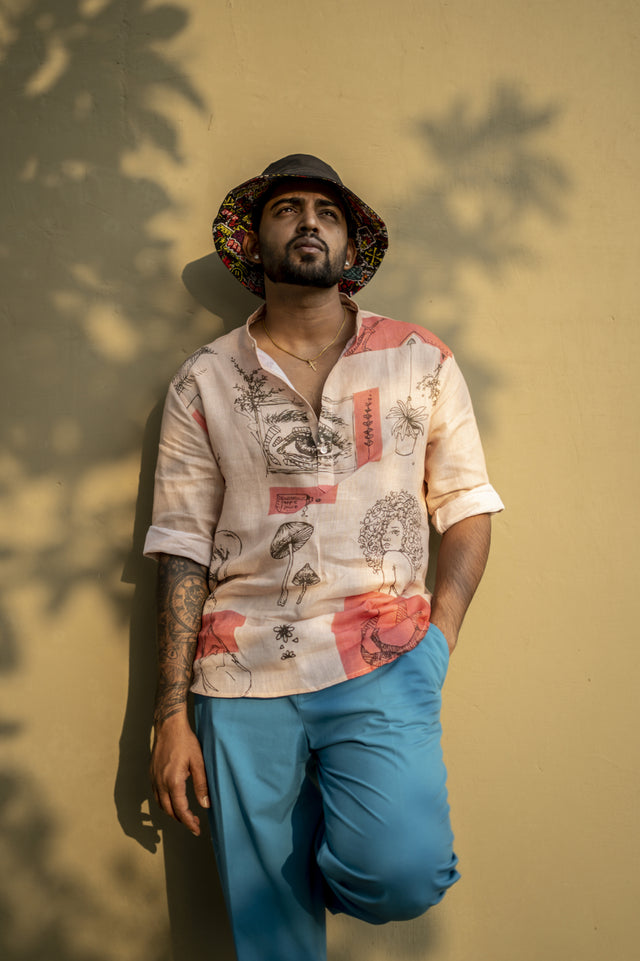 Lucid Shrooms (Pure Linen Kurta Style Shirt) - AddysForMen®️