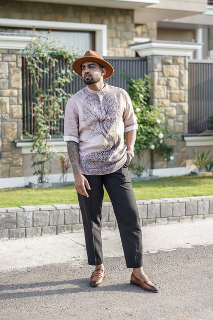 Extinct Beige (Pure Linen Kurta Style Shirt) - AddysForMen®️