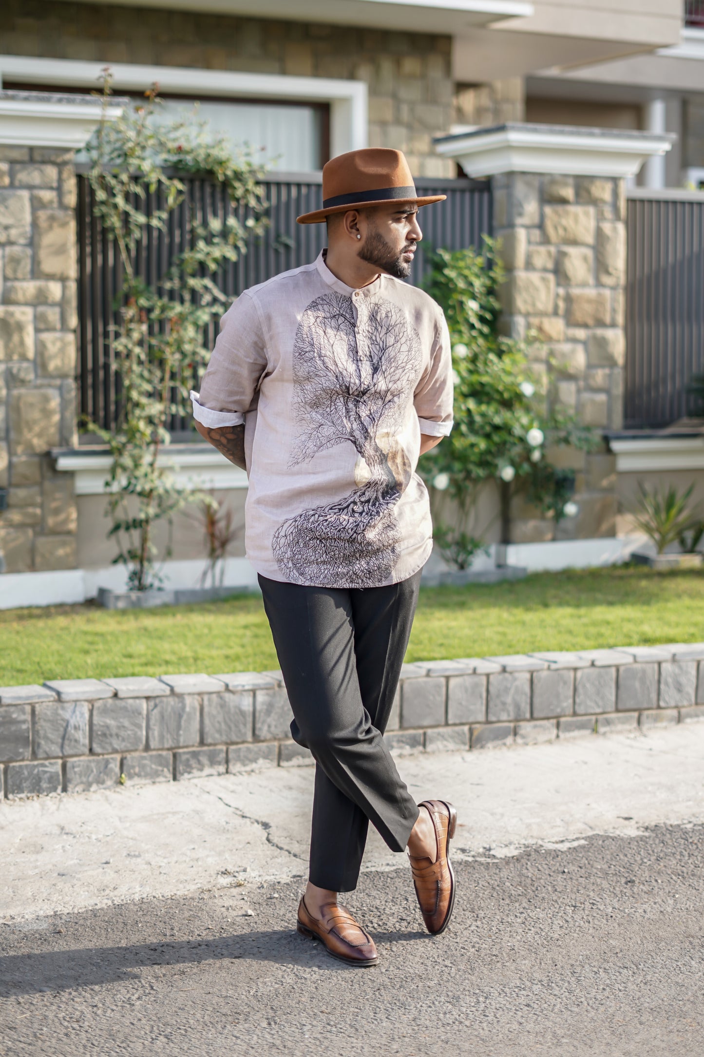 Extinct Beige (Pure Linen Kurta Style Shirt) - AddysForMen®️