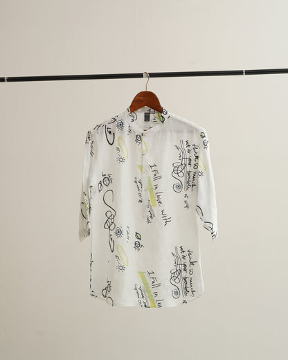 Written Print (Pure Linen Kurta Style Shirt) - AddysForMen®️